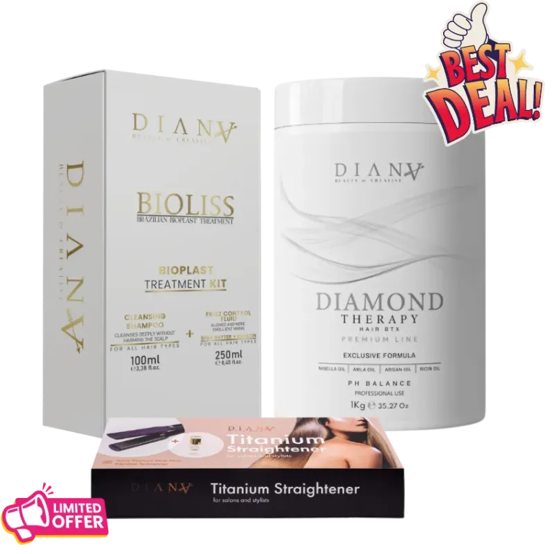 Kit Professionnel : Bioplastie 250 g + Shampoing Clarifiant 100 ml + Botox Capillaire Diamond 1000 g + Fer à lisser thermique