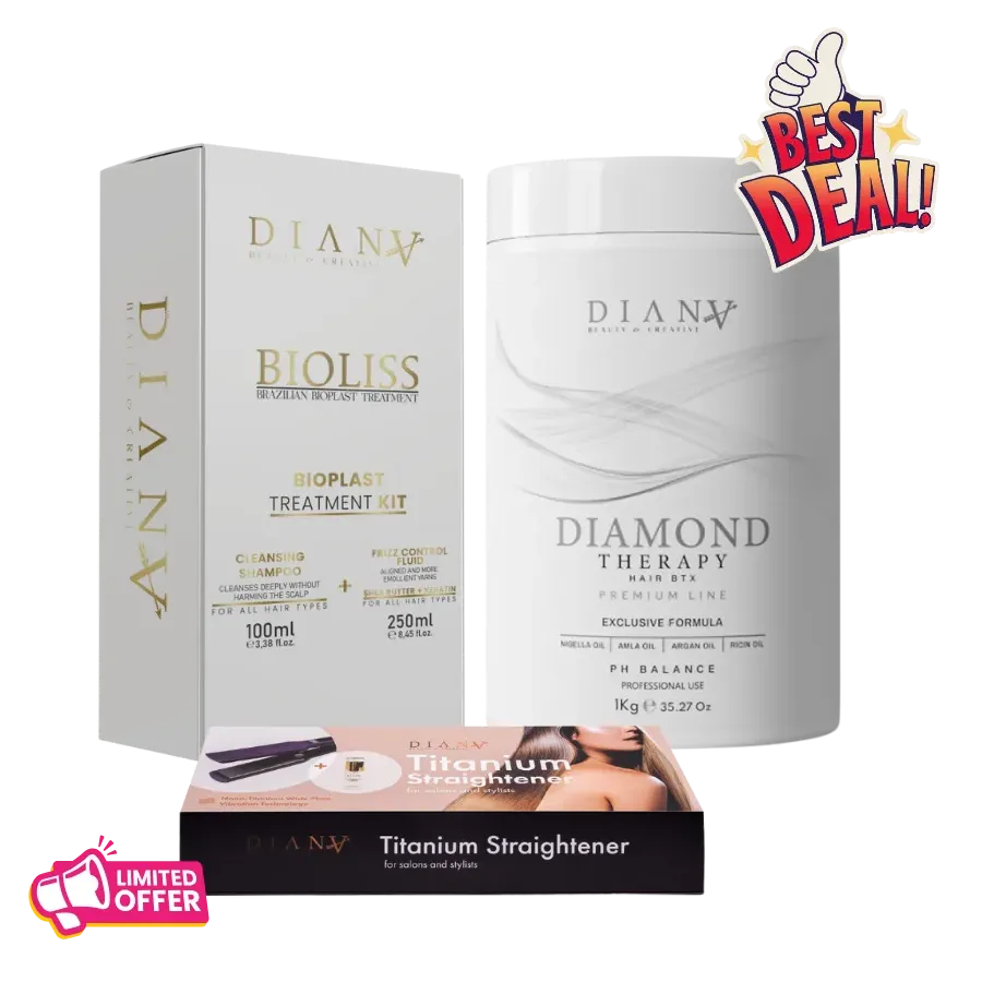 Professional Set: Bioplasty 250 g + Clarifying Shampoo 100 ml + Diamond Hair Botox 1000 g + Thermal Straightening Iron Professional Set: Bioplasty 250 g + Clarifying Shampoo 100 ml + Diamond Hair Botox 1000 g + Thermal Straightening Iron