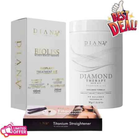 Professionele Set: Bioplastie 250 g + Reinigende Shampoo 100 ml + Diamond Haarbotox 1000 g + Thermische Stijltang