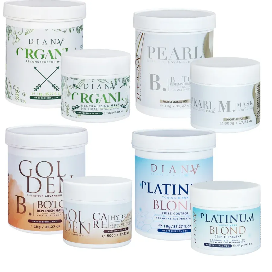 Large set of hair repair and regeneration products: 1000 ml Organic + 1000 ml Platinum + 1000 ml Pearl + 1000 ml Golden