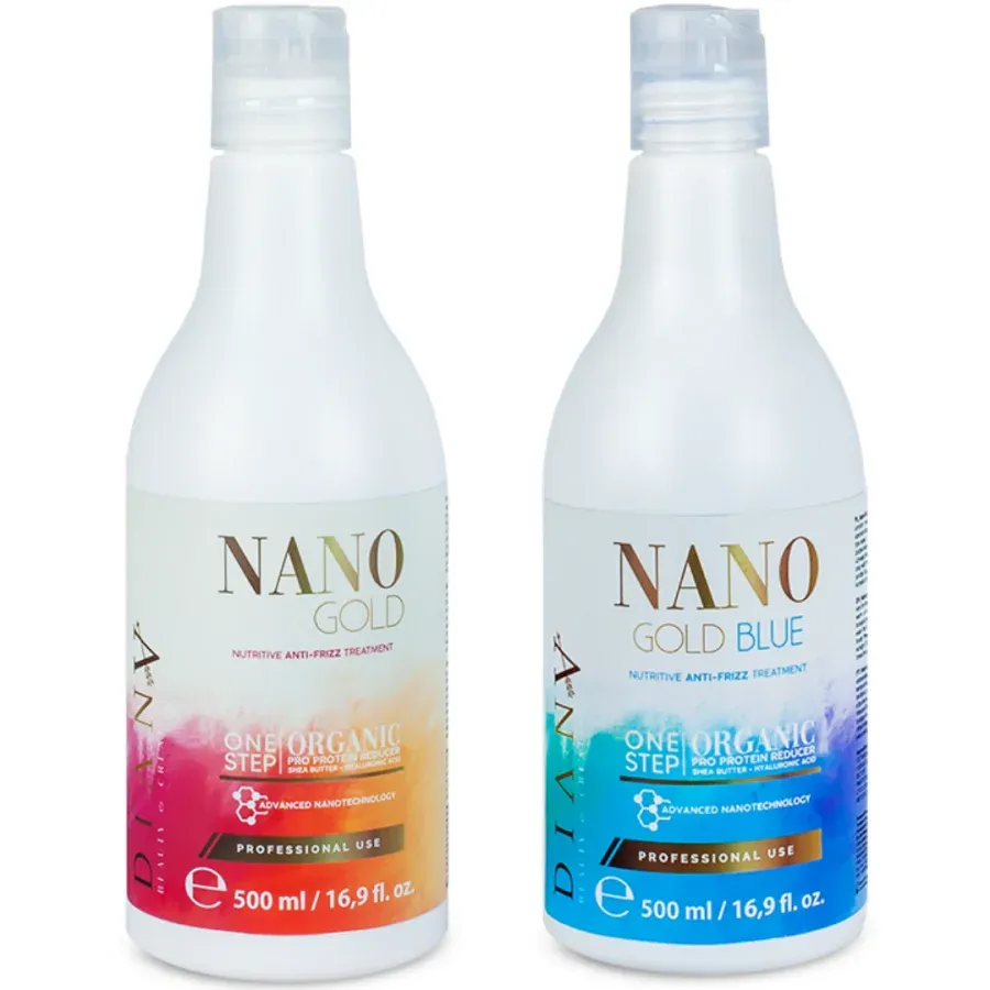 Kleines Nanoplastia-Set: NanoGold 500 ml + NanoBlue 500 ml, organisches, dauerhaftes Haarglätten mit einer Dauer von 12 Monaten