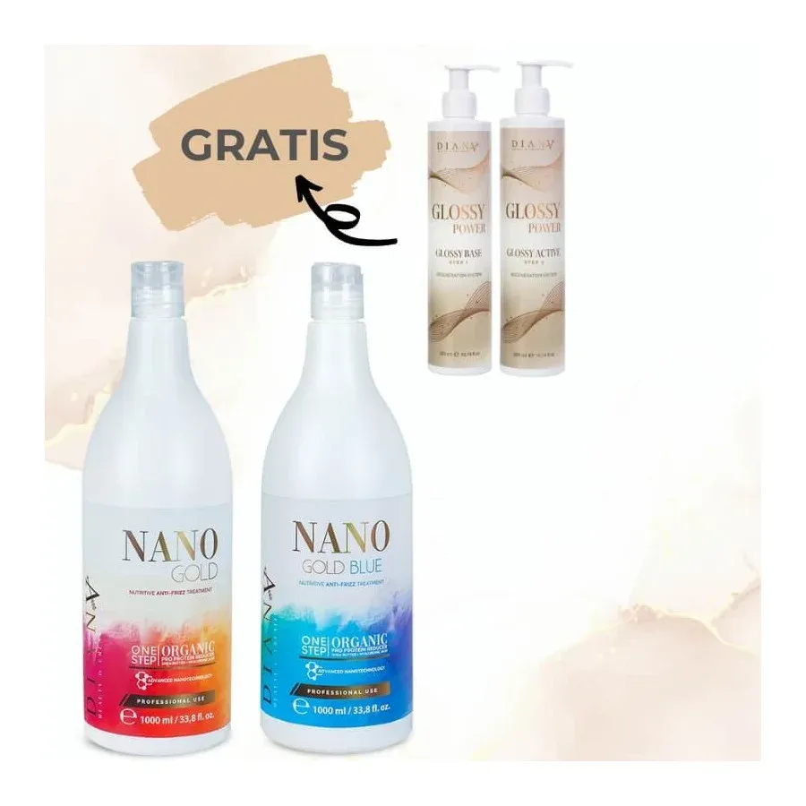 NanoGold 1000ml + NanoBlue 1000ml + Glossy Free - Nanoplastia hair straightening set with a product for lasting shine.